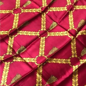 NEW! Vintage Albert Nipon  100% silk scarf, square, gold tassel braid patterN